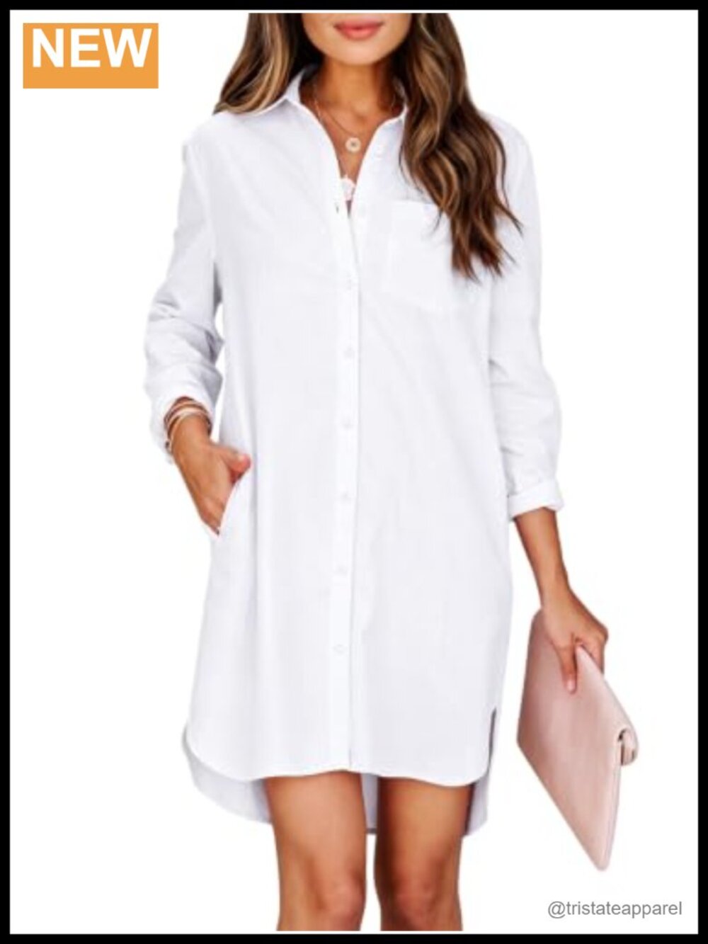 Button Down Shirt Dress Cotton High Low Tunic Long Sleeve Side Pockets Casual
